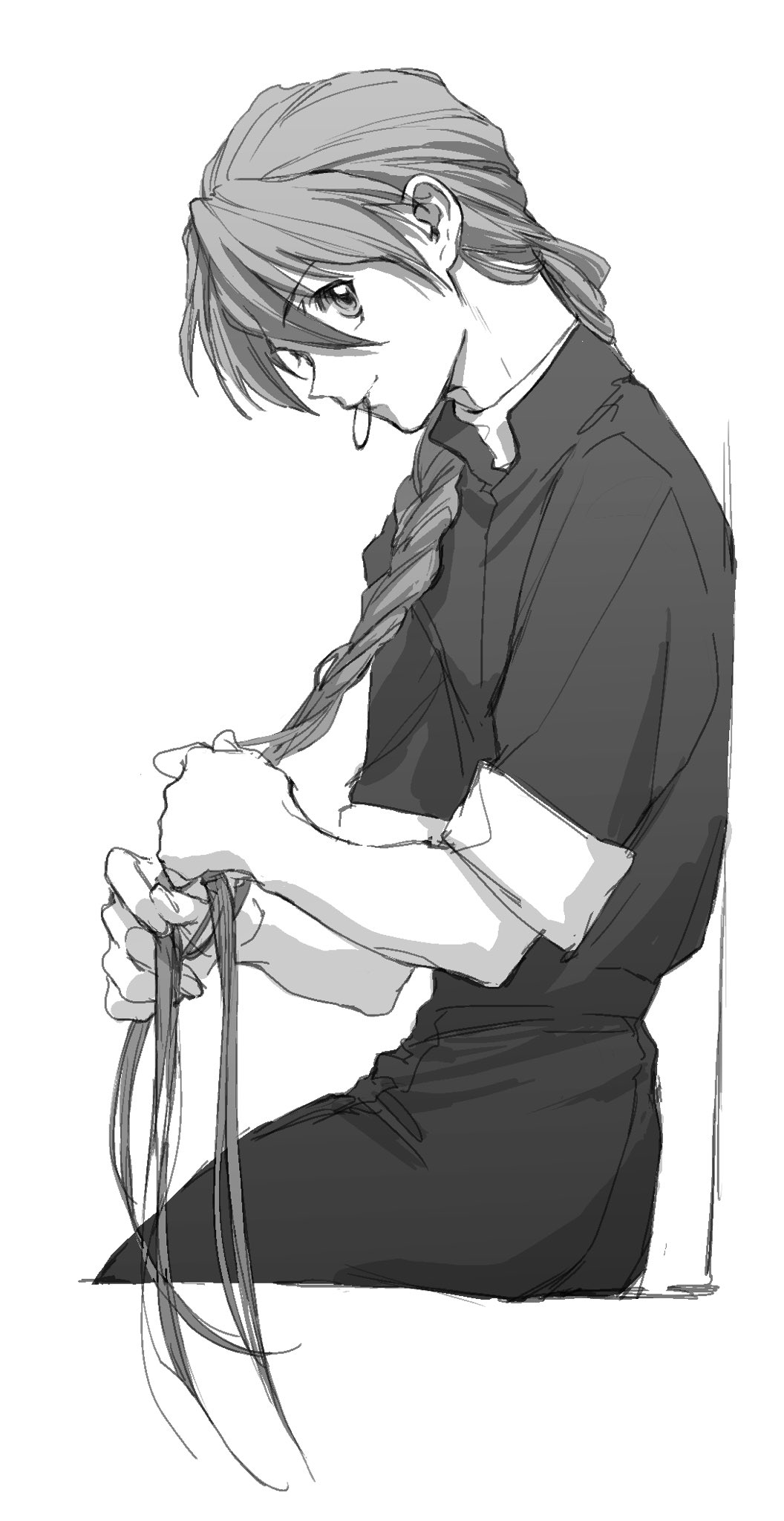 1boy, braid, braiding_hair, cowboy_shot, duo_maxwell, gundam, gundam_wing, hair_tie