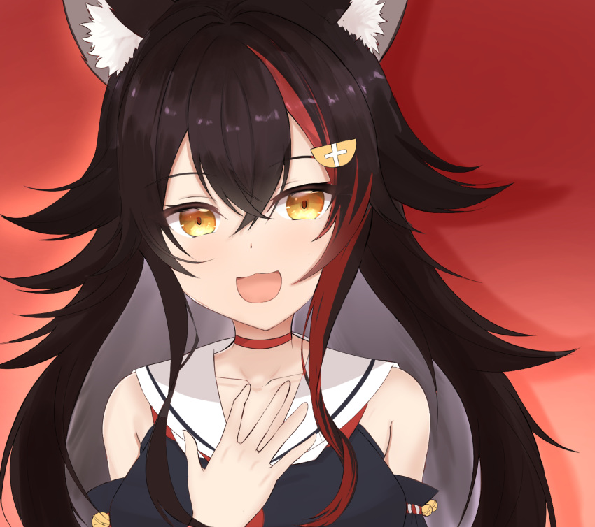 1girl, animal_ear_fluff, animal_ears, bangs, bare_shoulders, black_hair, black_shirt, black_sleeves