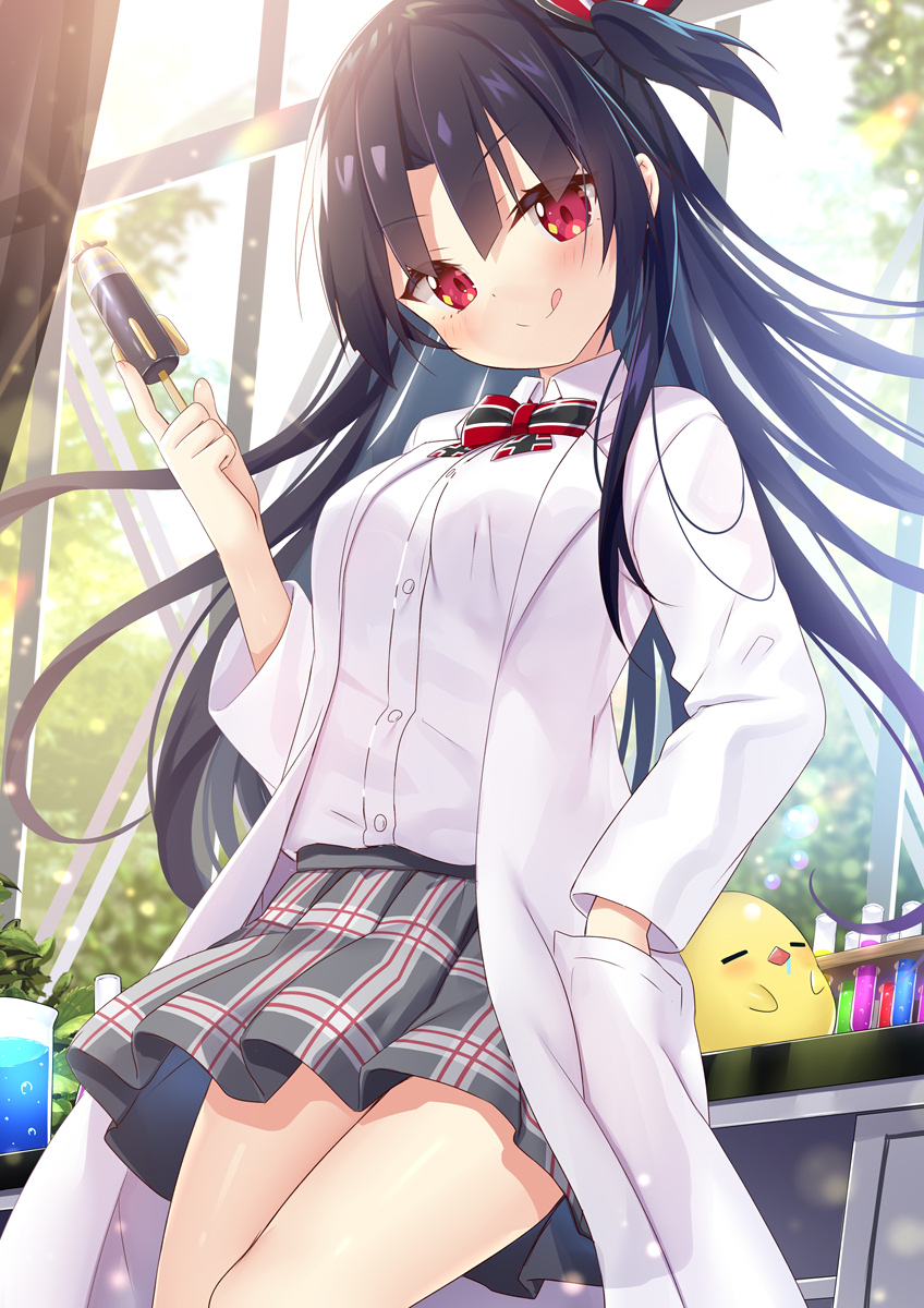 1girl, :q, =_=, azur_lane, backlighting, black_hair, bow, breasts