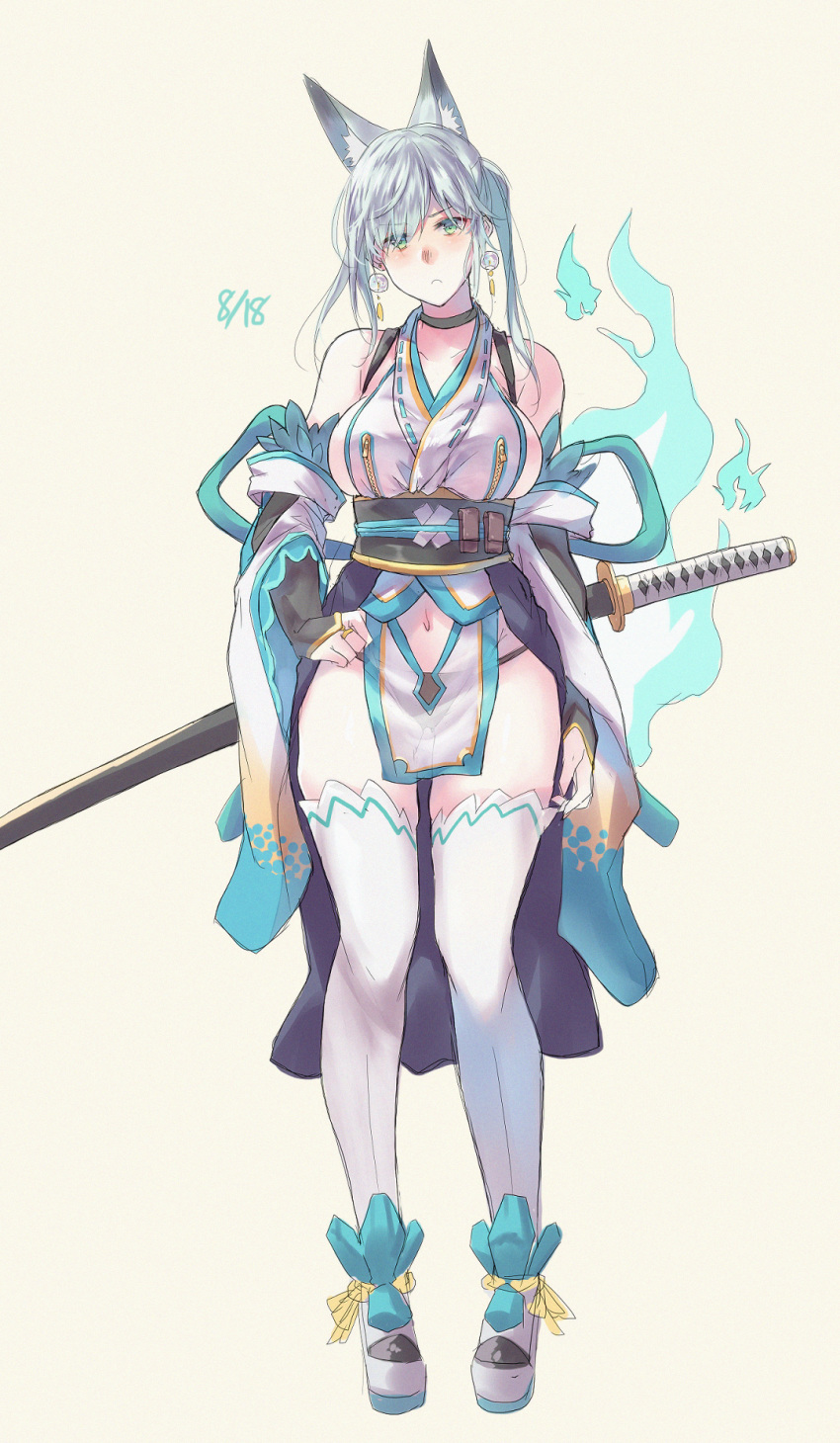 1girl, animal_ear_fluff, animal_ears, black_panties, breasts, detached_sleeves, earrings, fire