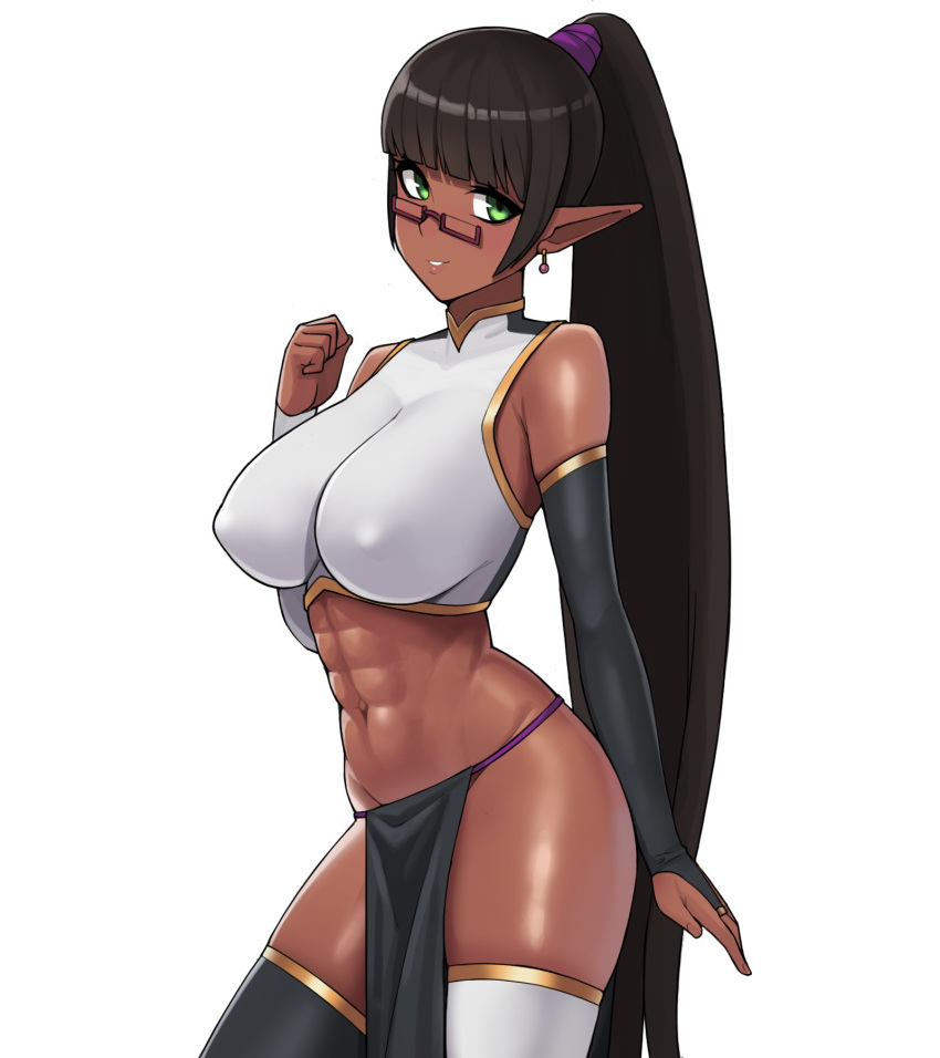 1girl, abs, black_legwear, black_loincloth, black_sleeves, breasts, commission, covered_nipples, dark_elf, dark_skin, donburikazoku, elf, glasses, green_eyes, highres, large_breasts, lips, loincloth, long_hair, mismatched_legwear, mismatched_sleeves, nipples, original, pointy_ears, ponytail, smile, thigh-highs, very_long_hair, white_background, white_legwear, white_sleeves