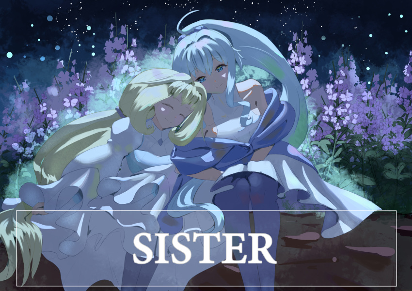 2girls, absurdres, blonde_hair, blue_eyes, blue_hair, closed_eyes, english_text, eve_(gundam_build_divers_re:rise)