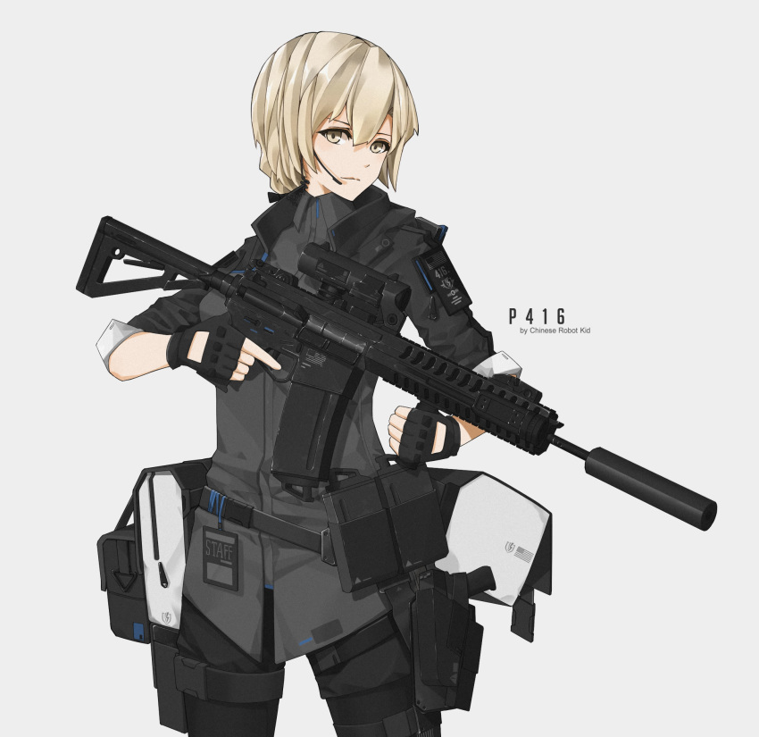 1girl, artist_name, assault_rifle, blonde_hair, chinese_robot_kid, commentary, earpiece, english_text
