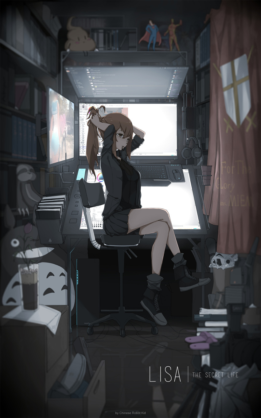 1girl, artist_name, bare_legs, black_footwear, black_shirt, book, brown_eyes, brown_hair