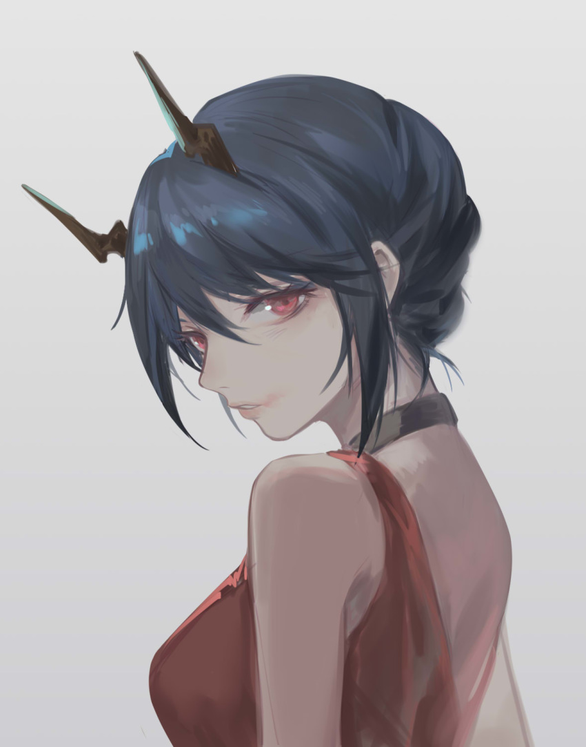 1girl, arknights, bangs, bare_shoulders, black_choker, blue_hair, breasts, ch'en_(arknights)