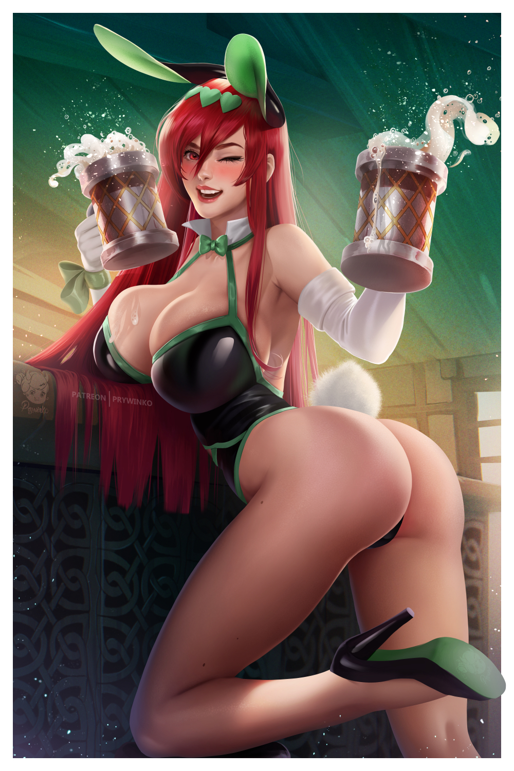 1girl, animal_ears, ass, beer_mug, blush, breasts, bunny_girl, bunny_tail, cup, day, elbow_gloves, erza_scarlet, fairy_tail, gloves, hair_between_eyes, heart, high_heels, highres, huge_breasts, indoors, mole, mole_on_thigh, mug, olga_narhova, one_eye_closed, open_mouth, patreon_username, rabbit_ears, red_eyes, redhead, smile, solo, tail, teeth