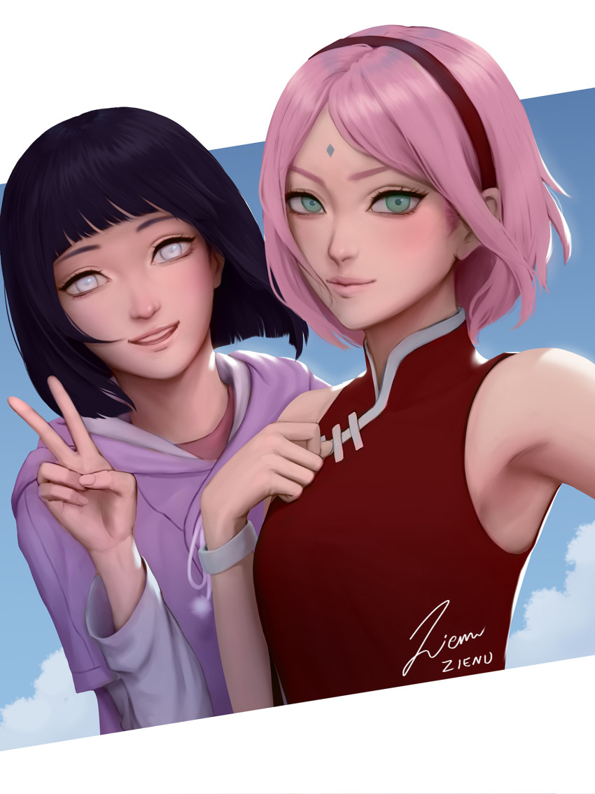 2girls, artist_name, bangs, bare_shoulders, black_hair, blunt_bangs, blunt_ends, boruto:_naruto_next_generations, commentary, english_commentary, green_eyes, hairband, haruno_sakura, highres, hood, hood_down, hoodie, hyuuga_hinata, lips, looking_at_viewer, multiple_girls, naruto_(series), open_mouth, pink_hair, short_hair, sleeveless, teeth, upper_body, v, watermark, zienu