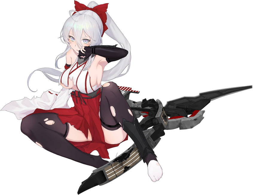 1girl, armpits, artist_request, black_gloves, black_legwear, blue_eyes, blue_oath, blush, bow, bow_(weapon), breasts, detached_sleeves, elbow_gloves, eyebrows_visible_through_hair, gauntlets, gloves, grey_eyes, hair_between_eyes, hair_ribbon, hakama, hand_on_floor, hand_on_own_face, highres, hiryuu_(blue_oath), japanese_clothes, long_hair, looking_at_viewer, medium_breasts, no_shoes, obi, official_art, partly_fingerless_gloves, ponytail, red_hakama, red_ribbon, red_skirt, ribbon, rigging, rudder_footwear, sash, side_slit, sidelocks, silver_hair, sitting, sitting_on_floor, skirt, solo, tears, thigh-highs, torn_clothes, torn_legwear, weapon, white_background, white_hair, wide_sleeves