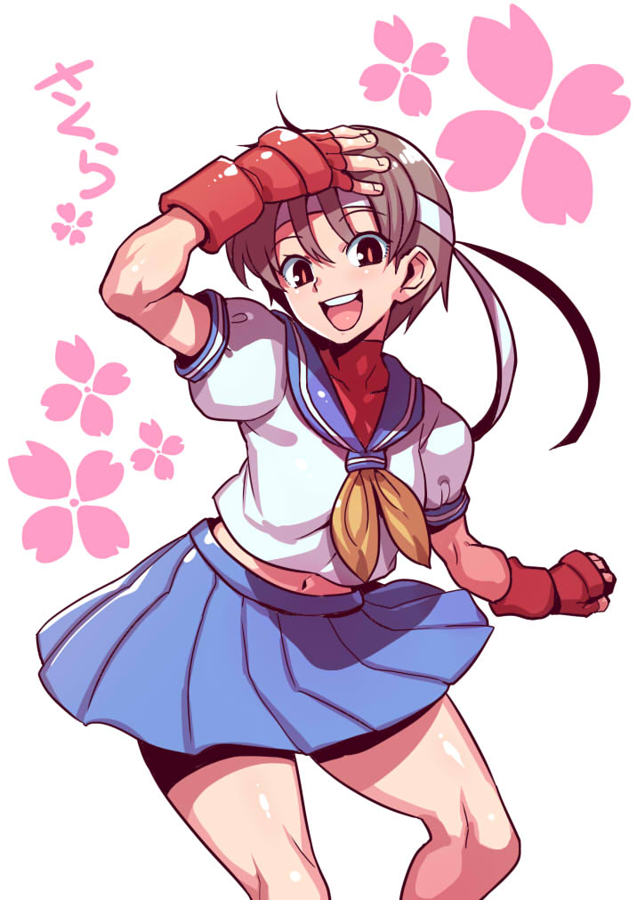 1girl, blue_sailor_collar, breasts, brown_eyes, brown_hair, fingerless_gloves, gloves, headband