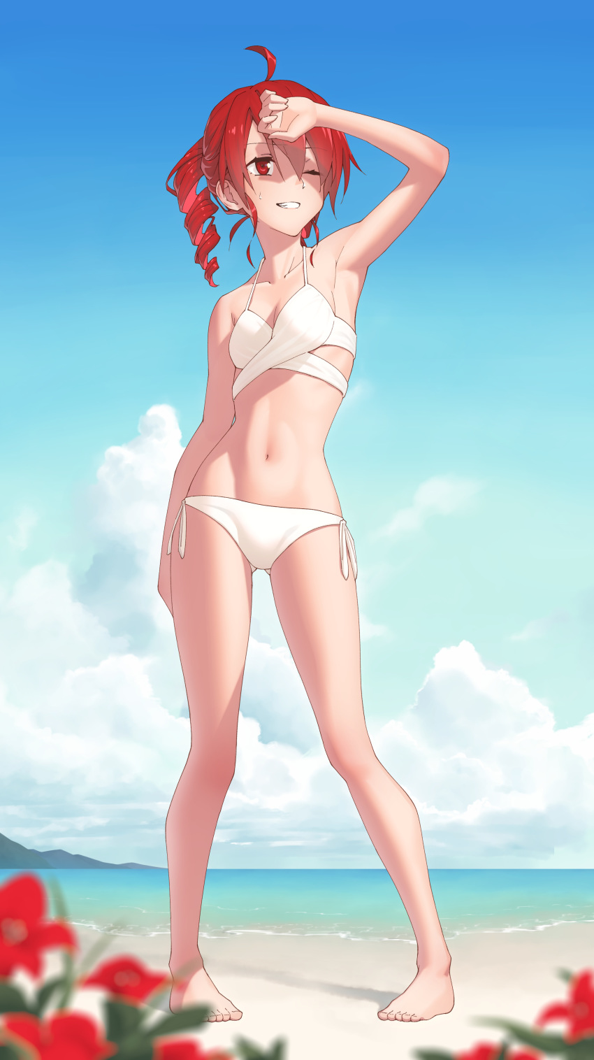 1girl, absurdres, anco8pizz, beach, bikini, blue_sky, blurry_foreground, commentary, day, drill_hair, flower, full_body, grin, hand_up, highres, kasane_teto, mountainous_horizon, navel, one_eye_closed, outdoors, pigeon-toed, red_eyes, red_flower, redhead, shading_eyes, shadow, short_hair, sky, smile, standing, swimsuit, twin_drills, utau, white_bikini