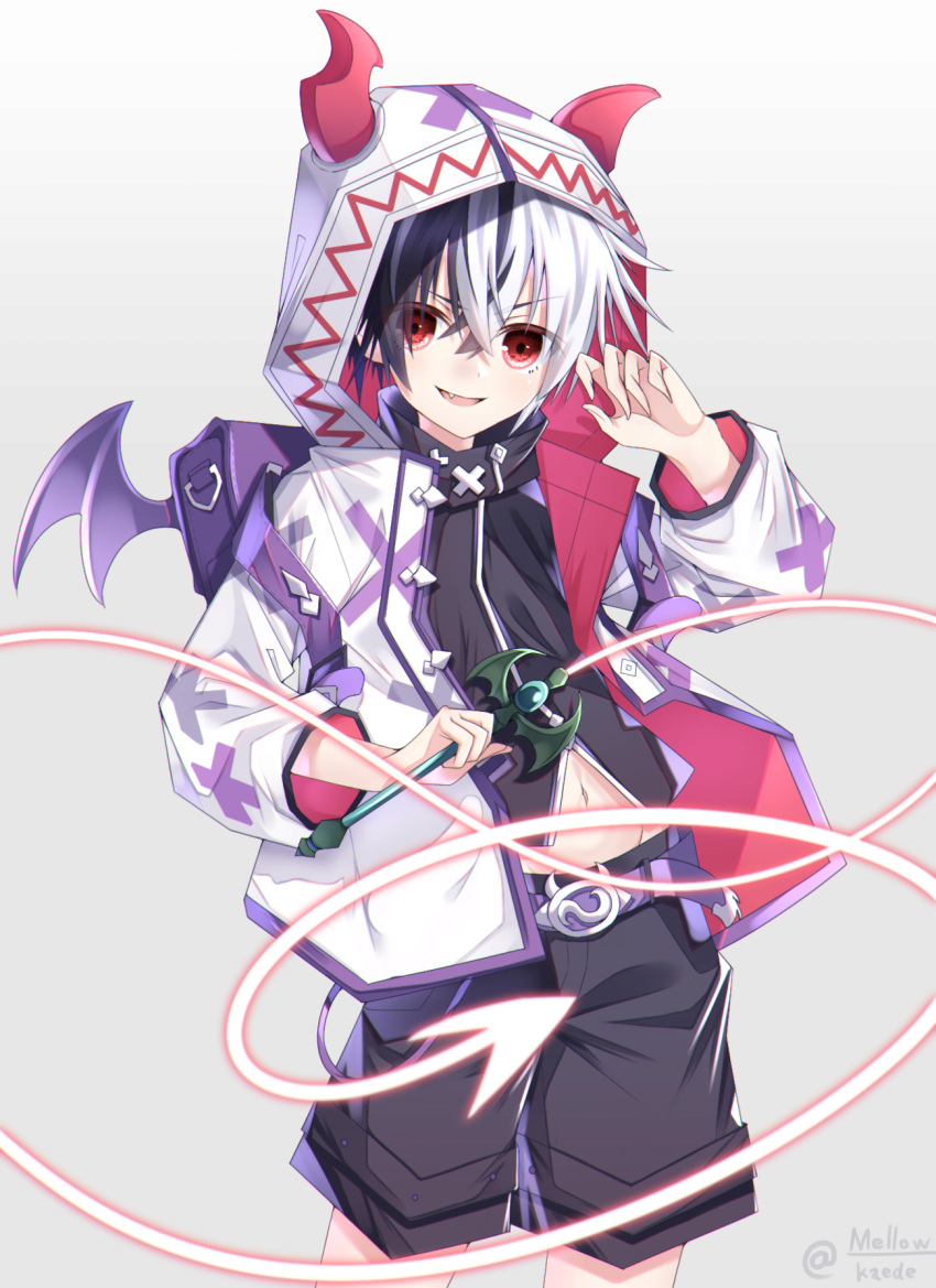 1boy, :d, bag, bangs, black_hair, black_jacket, black_shorts, commentary_request, cowboy_shot, crossed_bangs, eyebrows_visible_through_hair, fang, fingernails, groin, hair_between_eyes, highres, holding, holding_wand, hood, hood_up, hooded_jacket, horned_hood, jacket, kariza_(princess_connect!), long_fingernails, long_sleeves, looking_at_viewer, male_focus, mellow_kaede, midriff, multicolored_hair, navel, open_clothes, open_jacket, open_mouth, princess_connect!, princess_connect!_re:dive, purple_belt, red_eyes, shorts, simple_background, smile, solo, standing, twitter_username, two-tone_hair, wand, white_background, white_hair, white_jacket
