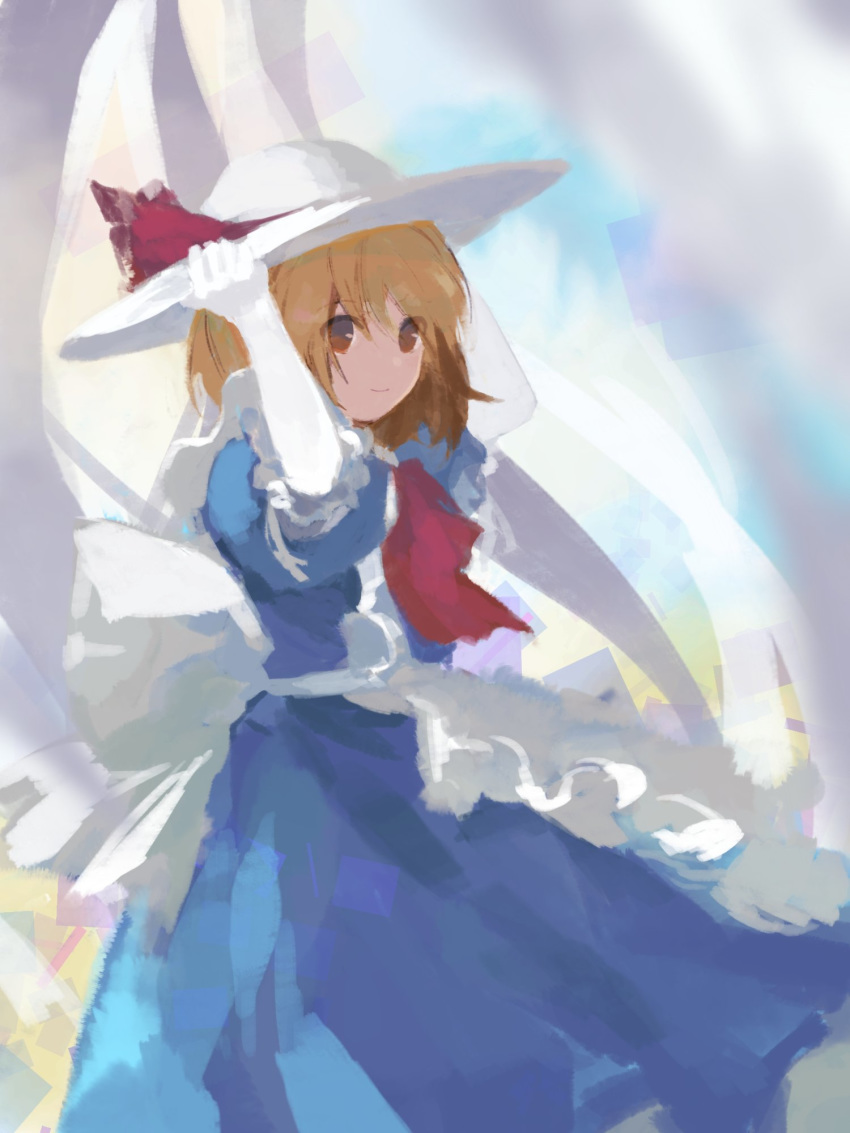 1girl, apron, back_bow, blonde_hair, blue_dress, bow, commentary, cowboy_shot