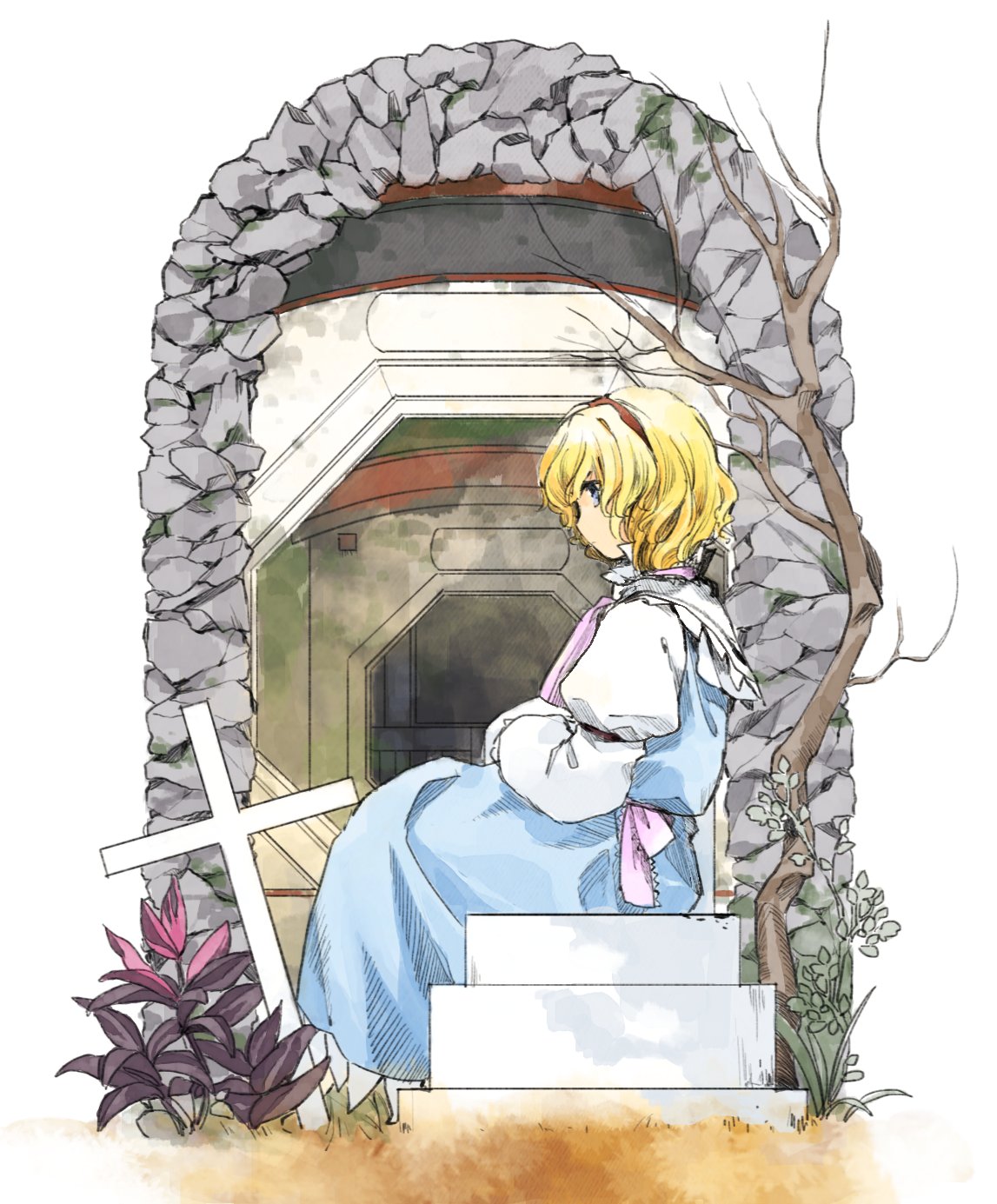 1girl, alice_margatroid, arch, blonde_hair, blue_dress, blue_eyes, building, capelet
