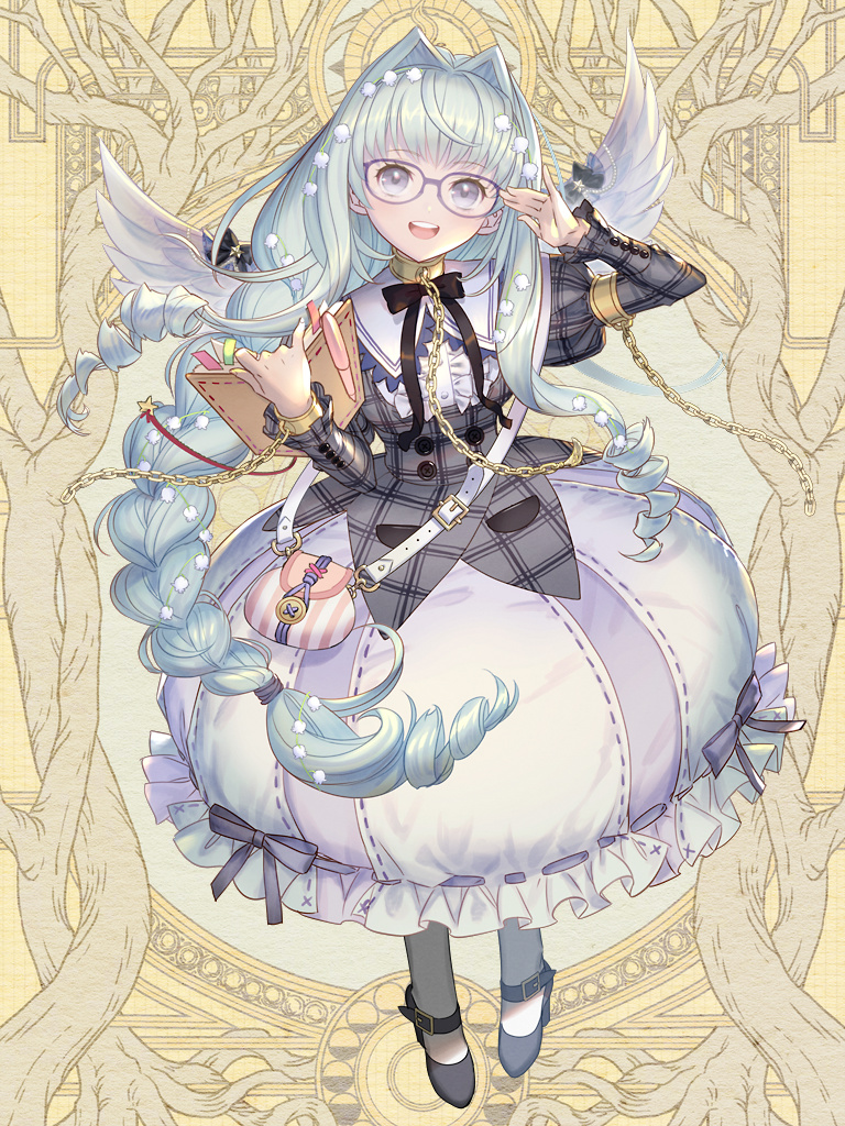 1girl, :d, book, braid, braided_ponytail, character_request, commentary_request, copyright_request