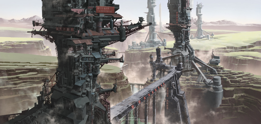 absurdres, artist_name, bridge, building, canyon, chinese_text, construction, crane_(machine), day, fan_wennan, flag, fog, highres, mountain, outdoors, scenery, science_fiction, sign, sky, steampunk, structure, water, watermark, web_address