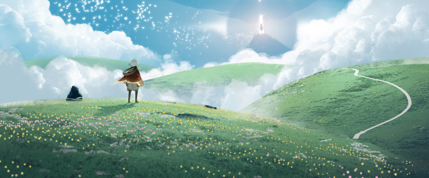 1other, absurdres, asteroid_ill, bird, cloak, clouds, flower, from_behind