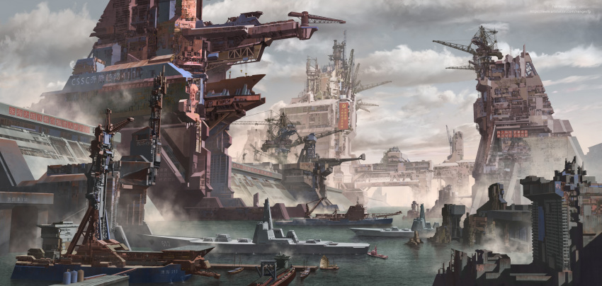absurdres, artist_name, building, chinese_text, clouds, construction, crane_(machine), dam, day, dock, dust, fan_wennan, harbor, highres, military, military_vehicle, ocean, outdoors, scenery, science_fiction, ship, sign, sky, structure, warship, water, watercraft, watermark, web_address