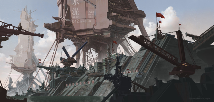absurdres, artist_name, bird, building, chinese_text, clouds, crane_(machine), day