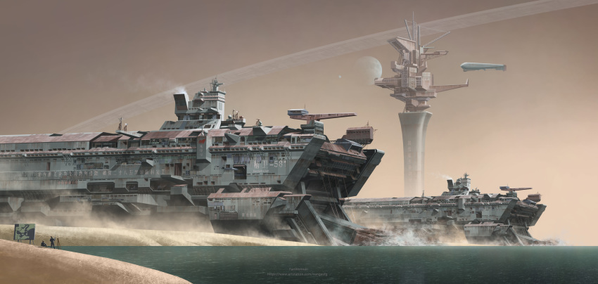 2boys, absurdres, aircraft, airship, artist_name, chinese_text, crane_(machine), dirigible
