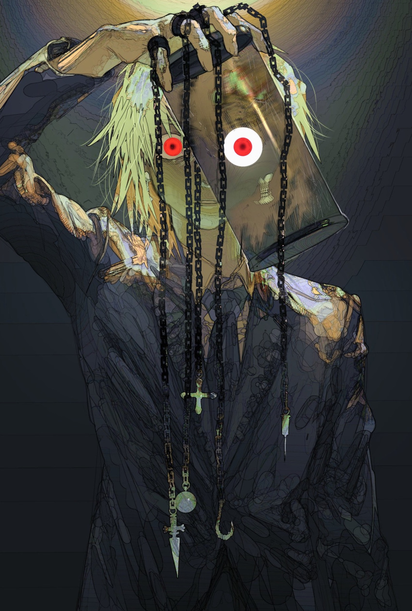 1boy, blonde_hair, chain, cross, cross_necklace, eyeball, formal, highres
