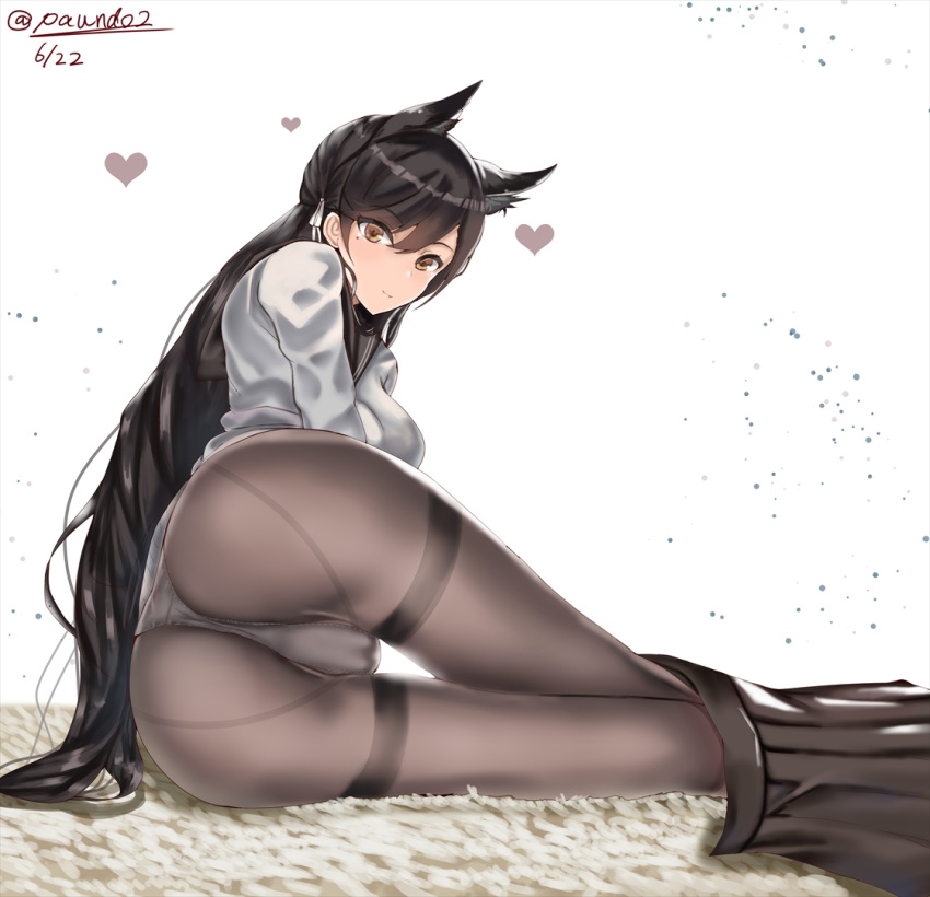 1girl, animal_ears, ass, atago_(azur_lane), atago_(school_daydream)_(azur_lane), azur_lane, black_hair, black_legwear