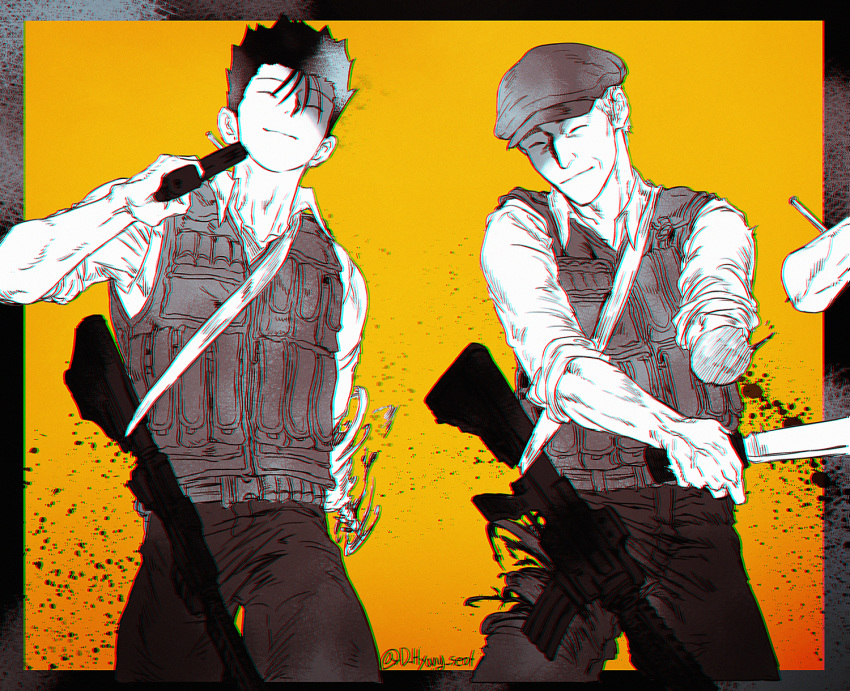 2boys, ^_^, ajin_(sakurai_gamon), ar-15, bangs, black_border, blood, border