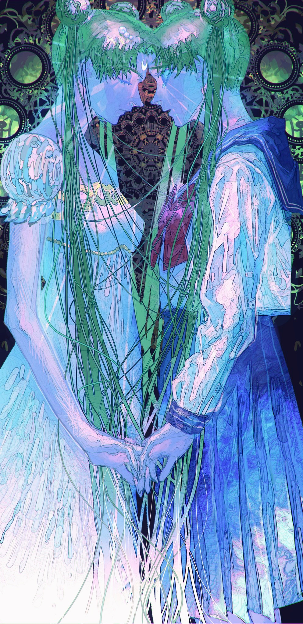 2girls, bishoujo_senshi_sailor_moon, blue_skirt, closed_eyes, closed_mouth, crescent_moon, double_bun, frills, glowing, green_hair, hair_bun, highres, holding, holding_hands, kataruruni, long_hair, long_skirt, moon, multiple_girls, open_mouth, princess_serenity, puffy_sleeves, red_neckwear, sailor_moon, school_uniform, serafuku, skirt, tsukino_usagi, twintails, uniform, very_long_hair