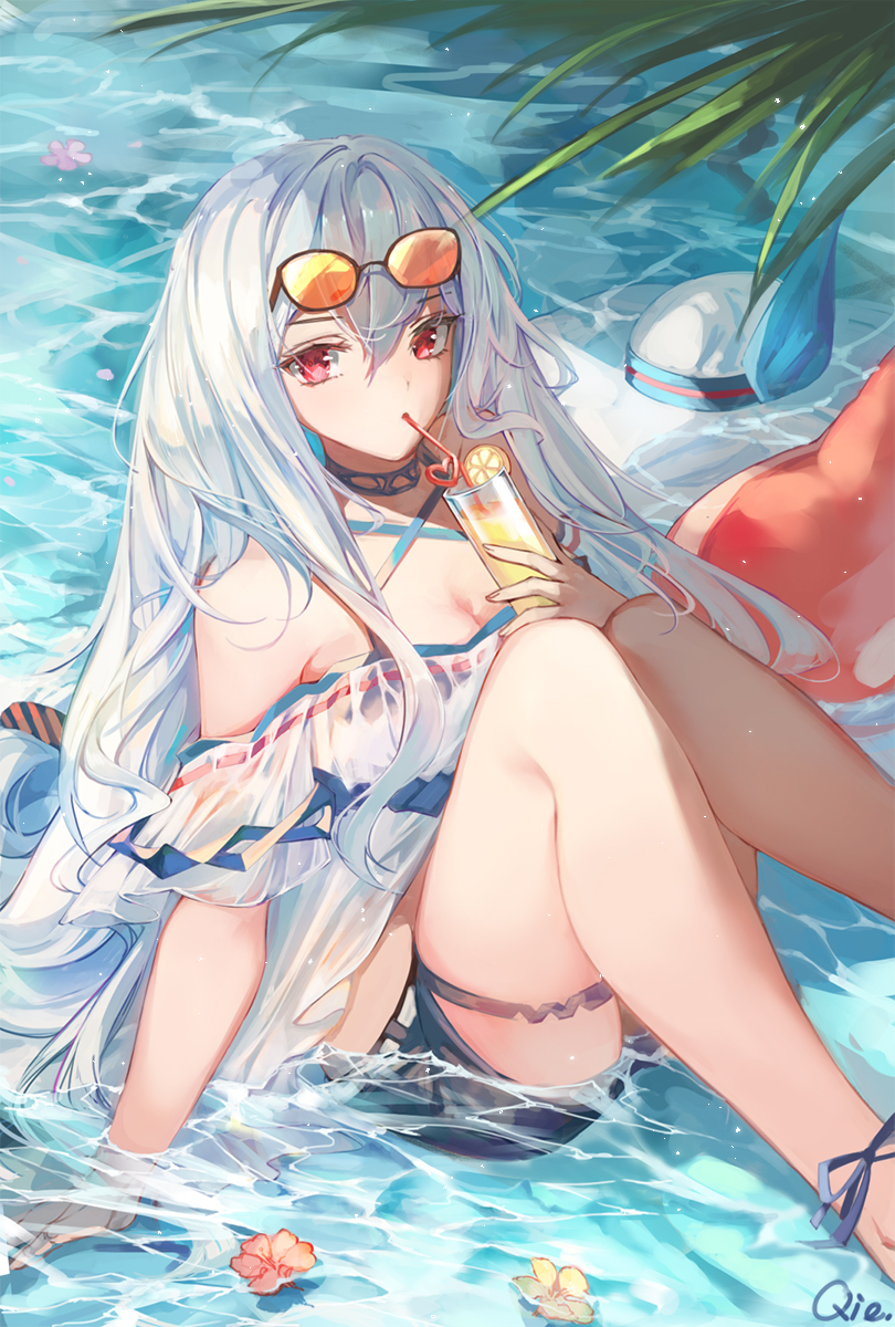 1girl, arknights, artist_name, bangs, bare_shoulders, chinese_commentary, choker, commentary_request