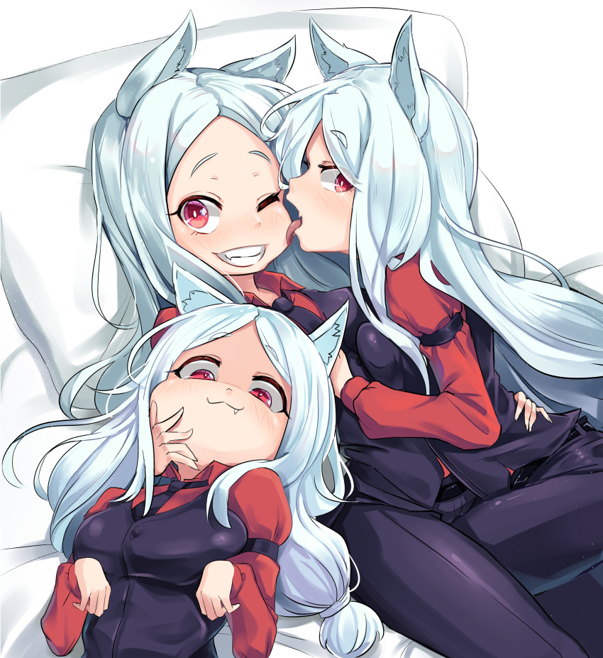 3girls, :3, absurdres, animal_ears, arm_garter, bangs, bed, bed_sheet