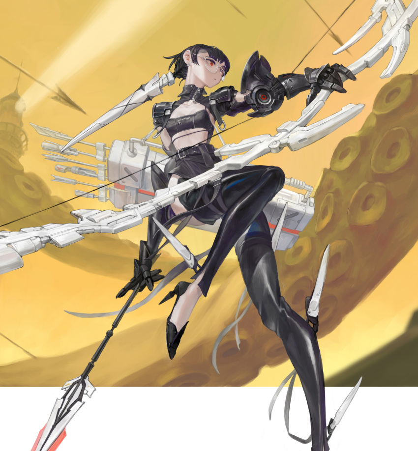 1girl, absurdres, armor, arrow_(projectile), belt, black_footwear, black_hair, black_legwear