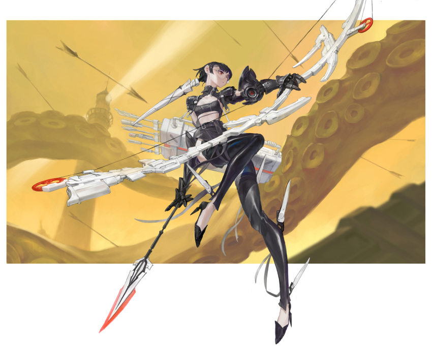 1girl, absurdres, armor, arrow_(projectile), belt, black_footwear, black_hair, black_legwear