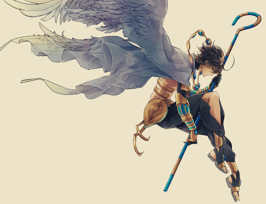 1boy, abs, ahoge, black_gloves, brown_hair, cape, dark_skin, dark_skinned_male, egyptian, egyptian_clothes, fate/grand_order, fate/prototype, fate/prototype:_fragments_of_blue_and_silver, fate_(series), feathered_wings, feathers, fukeda_chiho, full_body, gauntlets, gloves, grey_background, highres, holding, holding_staff, jewelry, male_focus, muscle, necklace, ozymandias_(fate), shirtless, shrug_(clothing), simple_background, solo, staff, white_cape, white_wings, wings, yellow_eyes