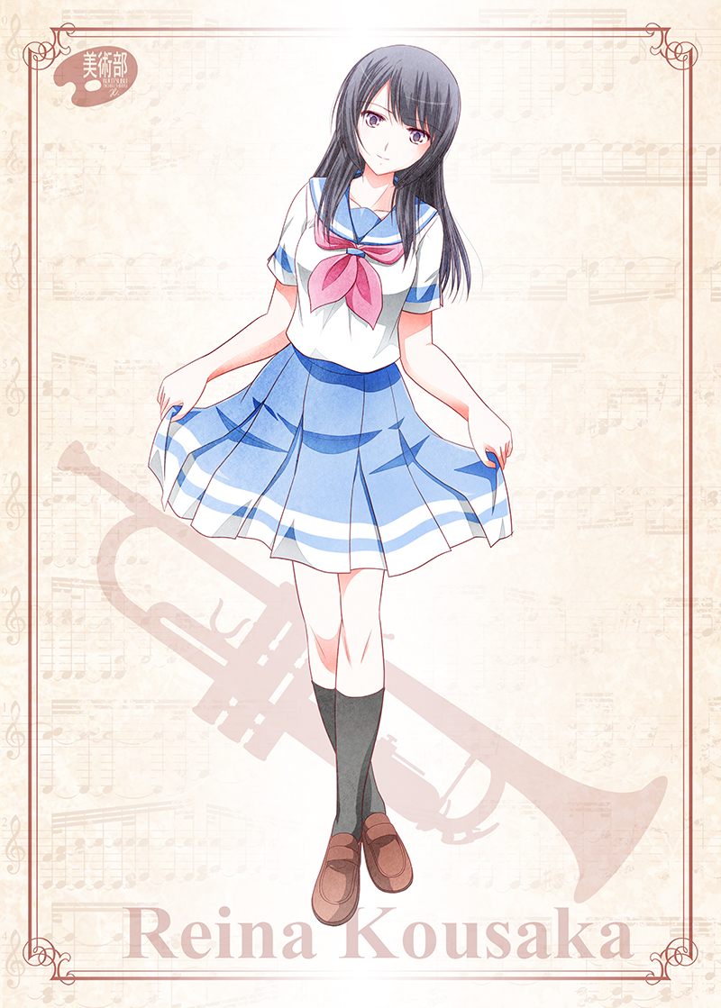 1girl, black_hair, black_legwear, blue_skirt, brown_footwear, character_name, curtsey, hibike!_euphonium