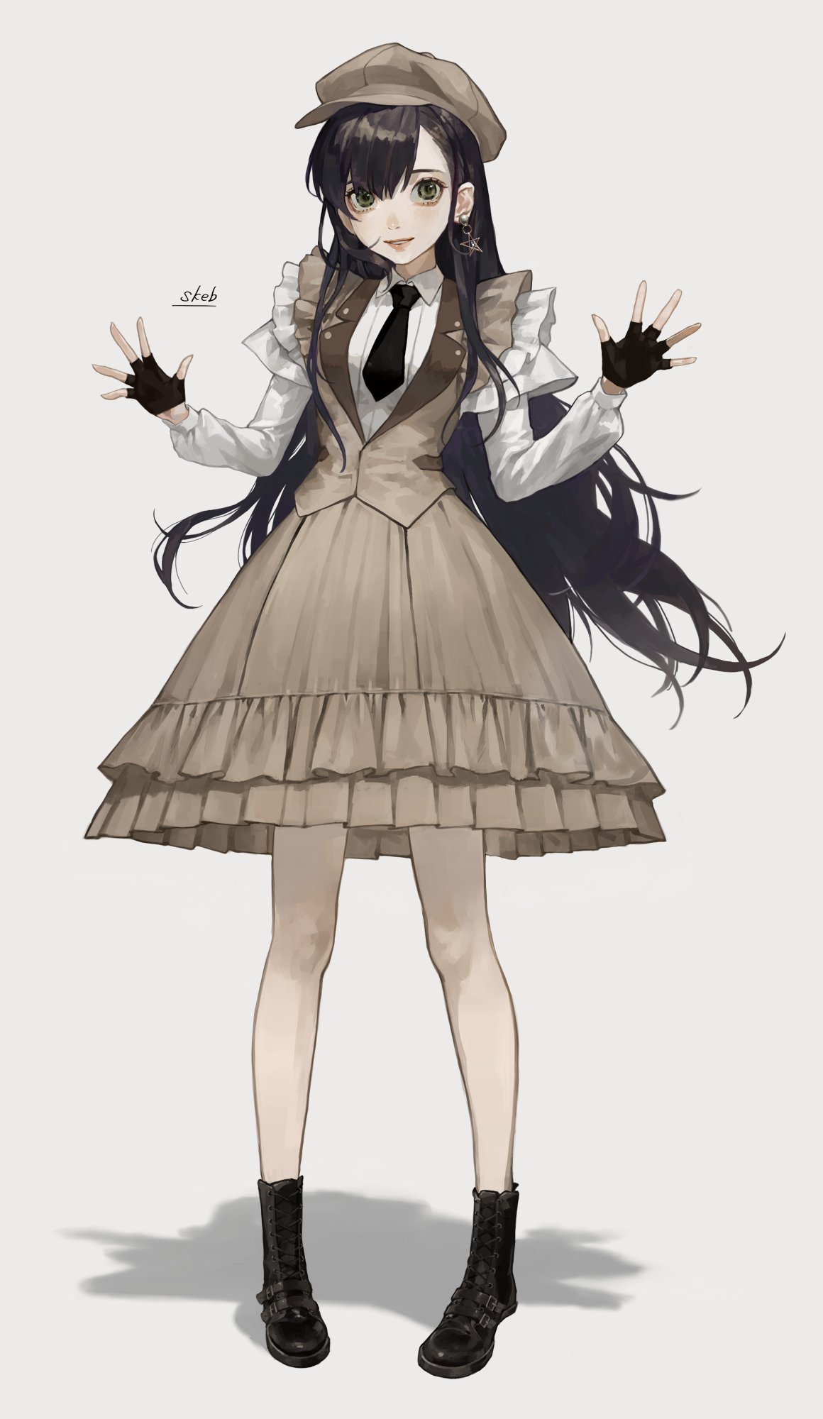 1girl, beige_dress, black_eyes, black_gloves, black_hair, black_neckwear, commission, fingerless_gloves