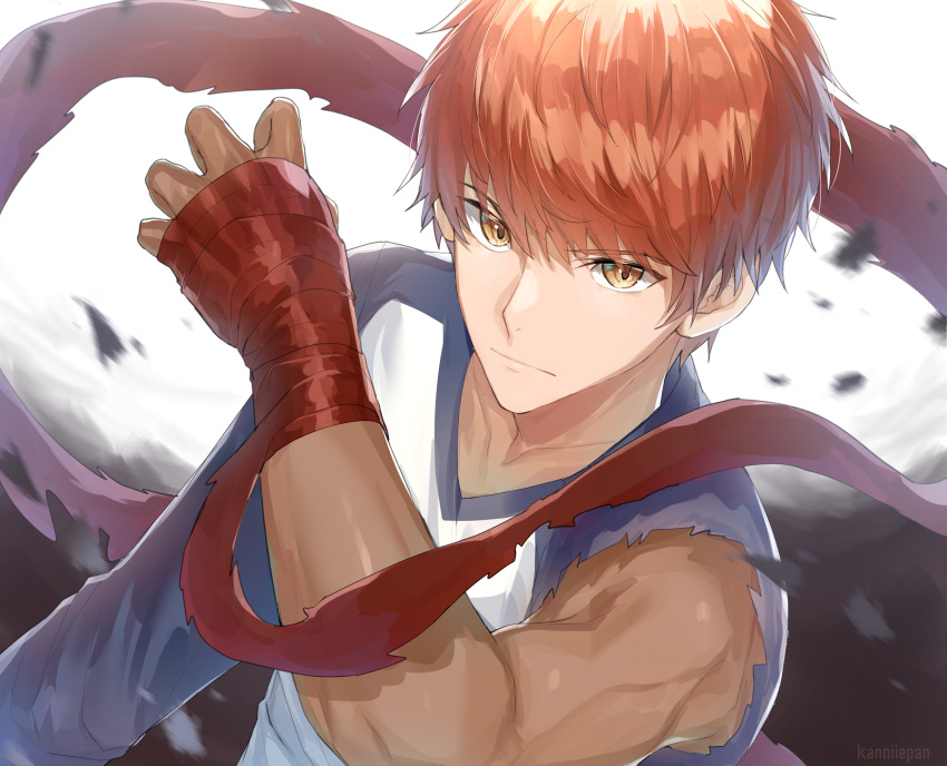 1boy, absurdres, artist_name, bangs, blue_shirt, blurry, blurry_background, brown_hair