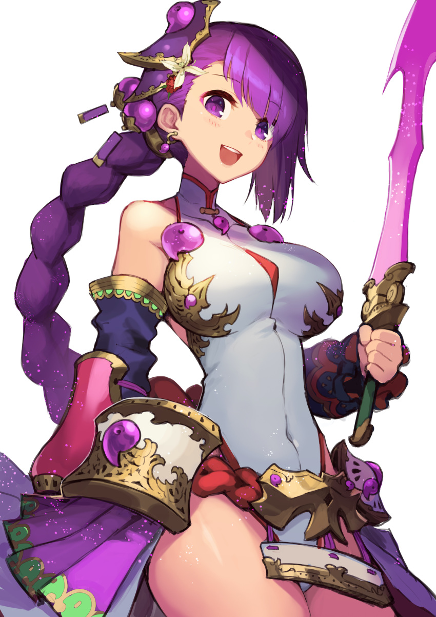 1girl, armor, bangs, bare_shoulders, blush, braid, breasts, commentary_request, covered_navel, cowboy_shot, detached_sleeves, earrings, eyebrows_visible_through_hair, from_below, gem, gold_trim, hair_bobbles, hair_ornament, highres, holding, holding_sword, holding_weapon, jewelry, kamimusubi_(p&amp;d), large_breasts, leotard, long_braid, long_hair, looking_at_viewer, nakamura_eight, open_mouth, puffy_sleeves, purple_hair, purple_sleeves, puzzle_&amp;_dragons, red_leotard, simple_background, single_braid, smile, solo, sword, upper_teeth, very_long_hair, violet_eyes, weapon, white_background, white_leotard