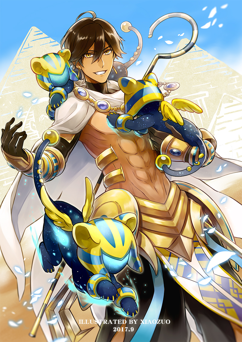 1boy, abs, ahoge, animal, animal_ears, artist_name, black_gloves, brown_hair