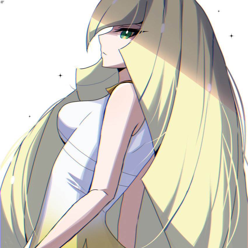 1girl, arms_at_sides, bangs, blonde_hair, breasts, closed_mouth, commentary, dress