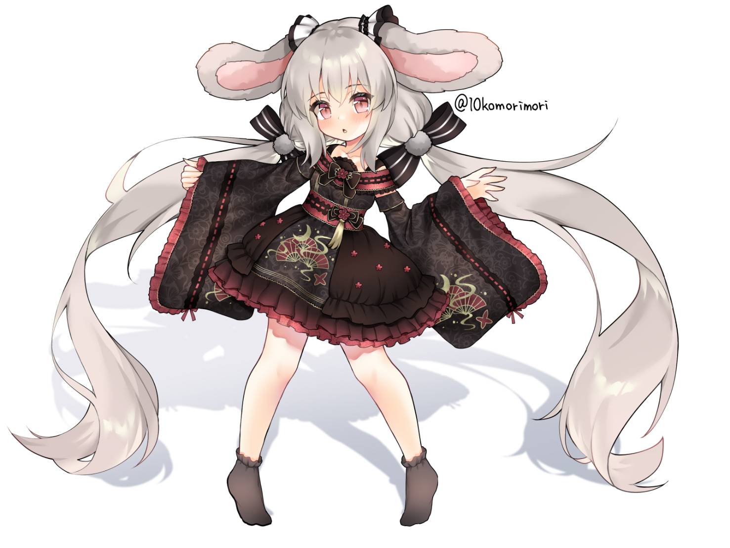 animal_ears, dress, frills, juugou_taki, long_hair, rabbit_ears, socks