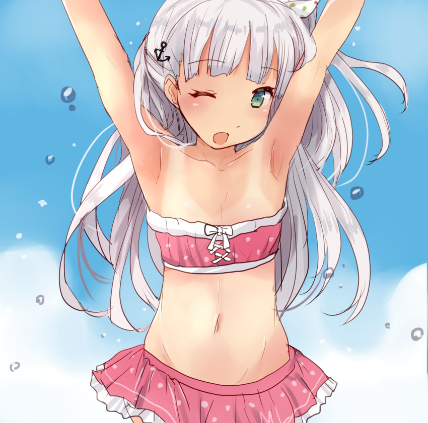 1girl, anchor_hair_ornament, arms_up, bangs, bikini, bikini_skirt, blue_sky, blunt_bangs