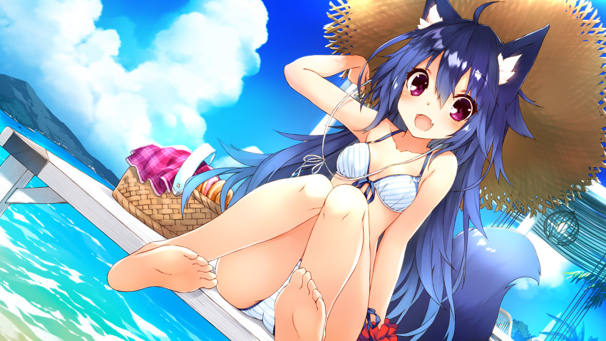 :d, ahoge, animal_ear_fluff, animal_ears, bangs, bare_arms, bare_legs, bare_shoulders
