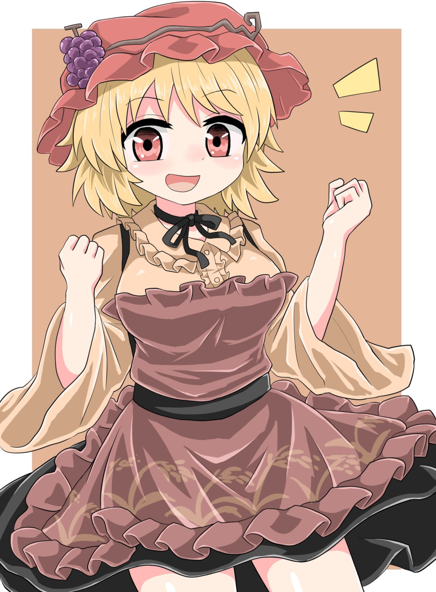 1girl, aki_minoriko, arms_up, bangs, black_neckwear, blonde_hair, breasts, bright_pupils