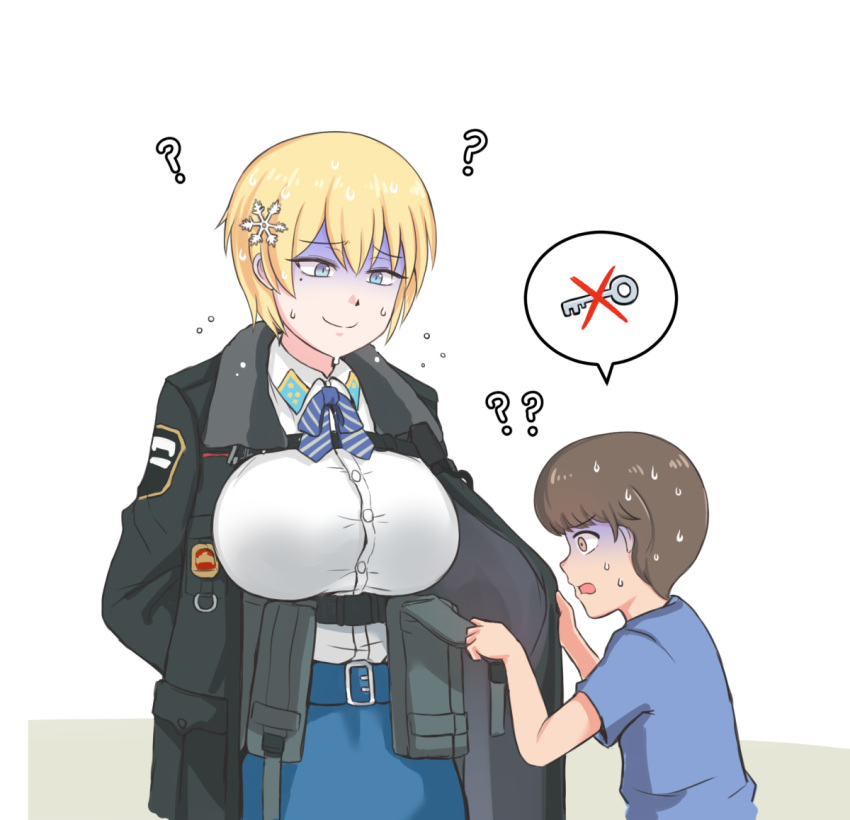 1boy, 1girl, ?, arms_behind_back, bangs, belt, black_jacket, blonde_hair