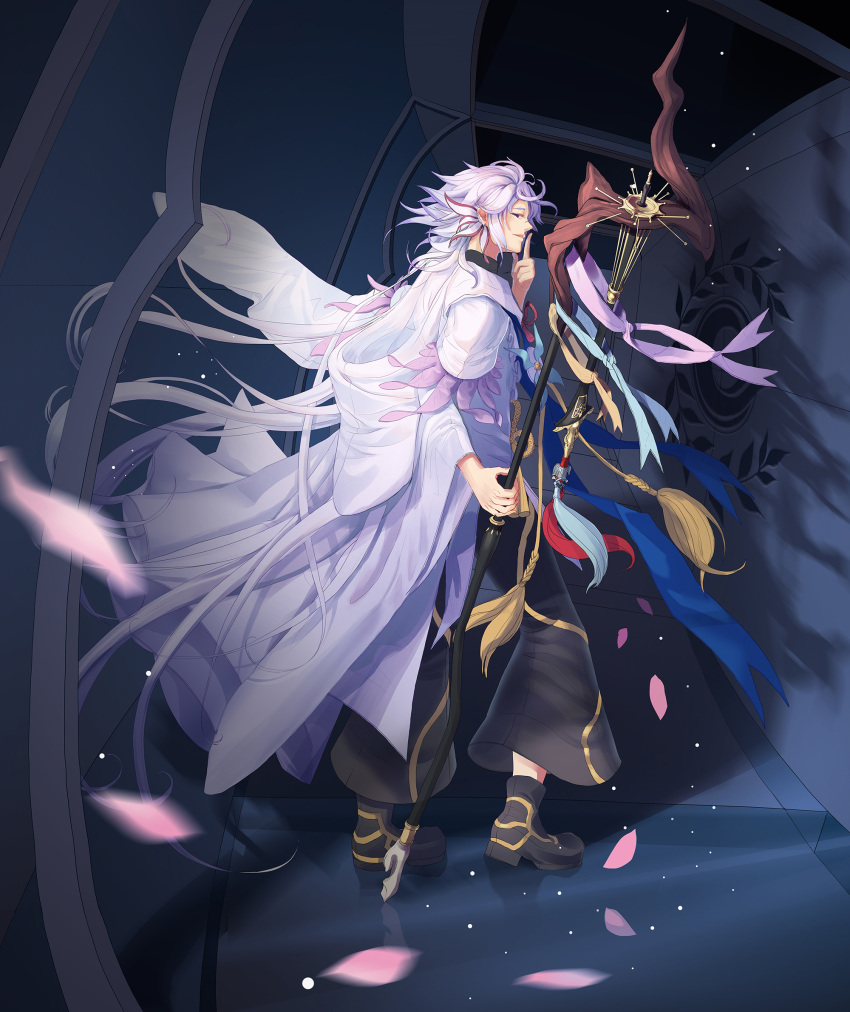 1boy, ahoge, bangs, bishounen, black_footwear, black_pants, center_frills, chenovellia, fate/grand_order, fate_(series), flower, flower_knot, hair_between_eyes, hair_ornament, highres, holding, holding_staff, holding_weapon, hood, hood_down, hooded_robe, long_hair, long_sleeves, looking_to_the_side, male_focus, merlin_(fate), multicolored_hair, open_mouth, pants, petals, pink_ribbon, ribbon, robe, shoes, solo, staff, tassel, turtleneck, two-tone_hair, upper_body, very_long_hair, violet_eyes, weapon, white_hair, white_robe, wide_sleeves
