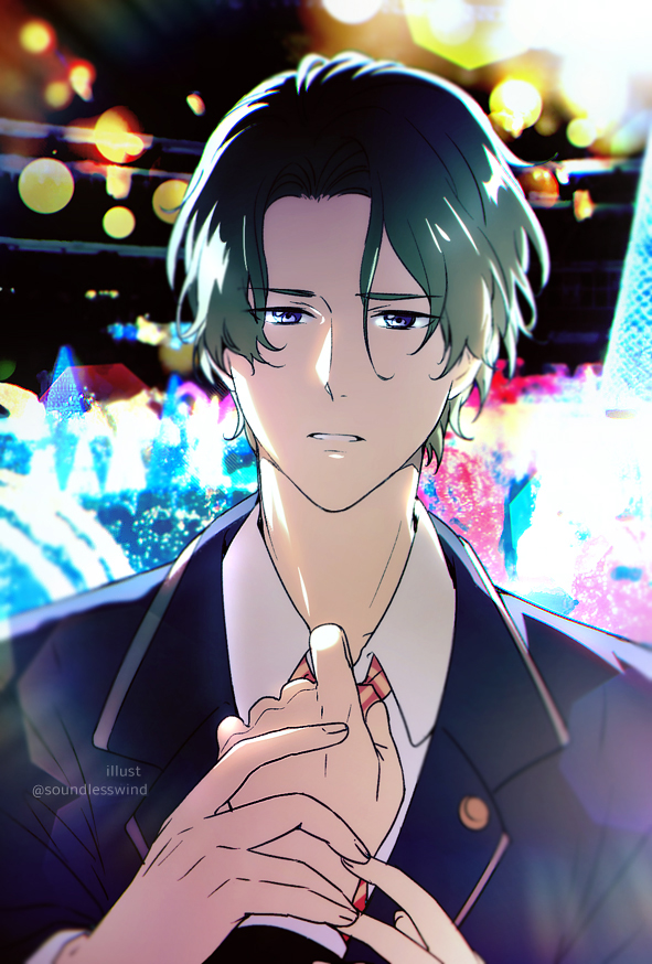 1boy, artist_name, black_hair, collared_shirt, commentary, formal, fujiwara_shuu, holding_hand