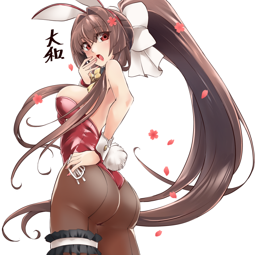 1girl, animal_ears, back-seamed_legwear, brown_hair, brown_legwear, bunny_tail, bunnysuit, character_name
