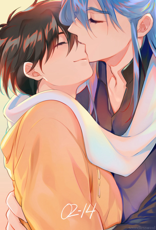 2boys, artist_name, black_shirt, blue_hair, brown_hair, closed_eyes, closed_mouth, commentary
