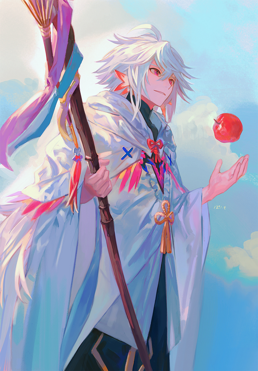 1boy, ahoge, apple, bangs, bishounen, black_pants, center_frills, clouds
