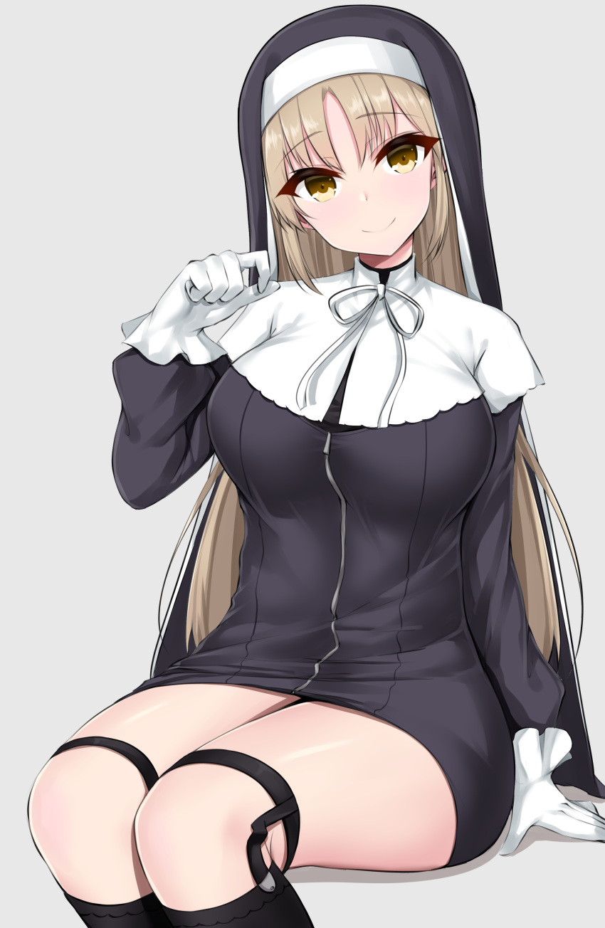 1girl, absurdres, arm_at_side, arm_support, bangs, black_dress, black_legwear, blush, breasts, closed_mouth, commentary_request, dress, eyebrows_visible_through_hair, gloves, grey_background, habit, hand_up, head_tilt, highres, invisible_chair, kirikan, knee_strap, kneehighs, large_breasts, long_hair, long_sleeves, looking_at_viewer, nijisanji, nun, ribbon, short_dress, simple_background, sister_cleaire, sitting, smile, solo, virtual_youtuber, white_gloves, white_ribbon