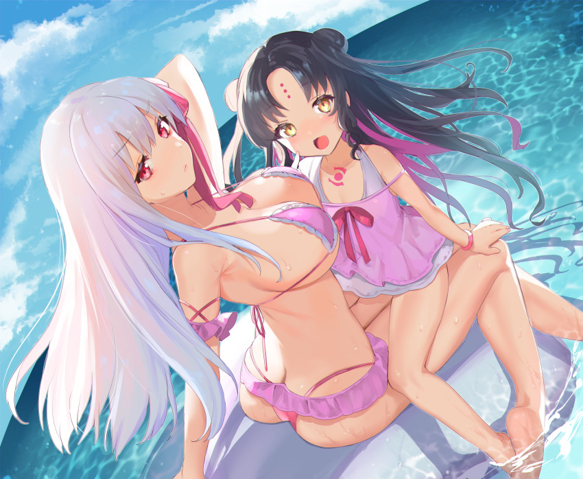 2girls, absurdres, arm_behind_head, arm_garter, arm_up, ass, back, bangs